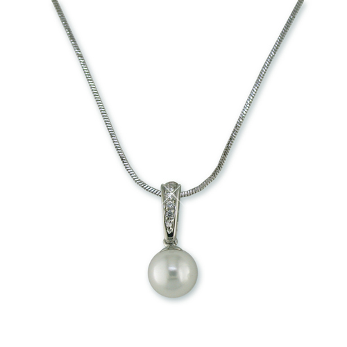 Faux Pearl Drop Necklace Hangs from 6 Pave Blue Luster Diamonds